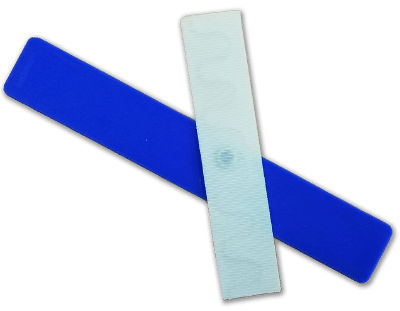two blue neoprene fabric tags