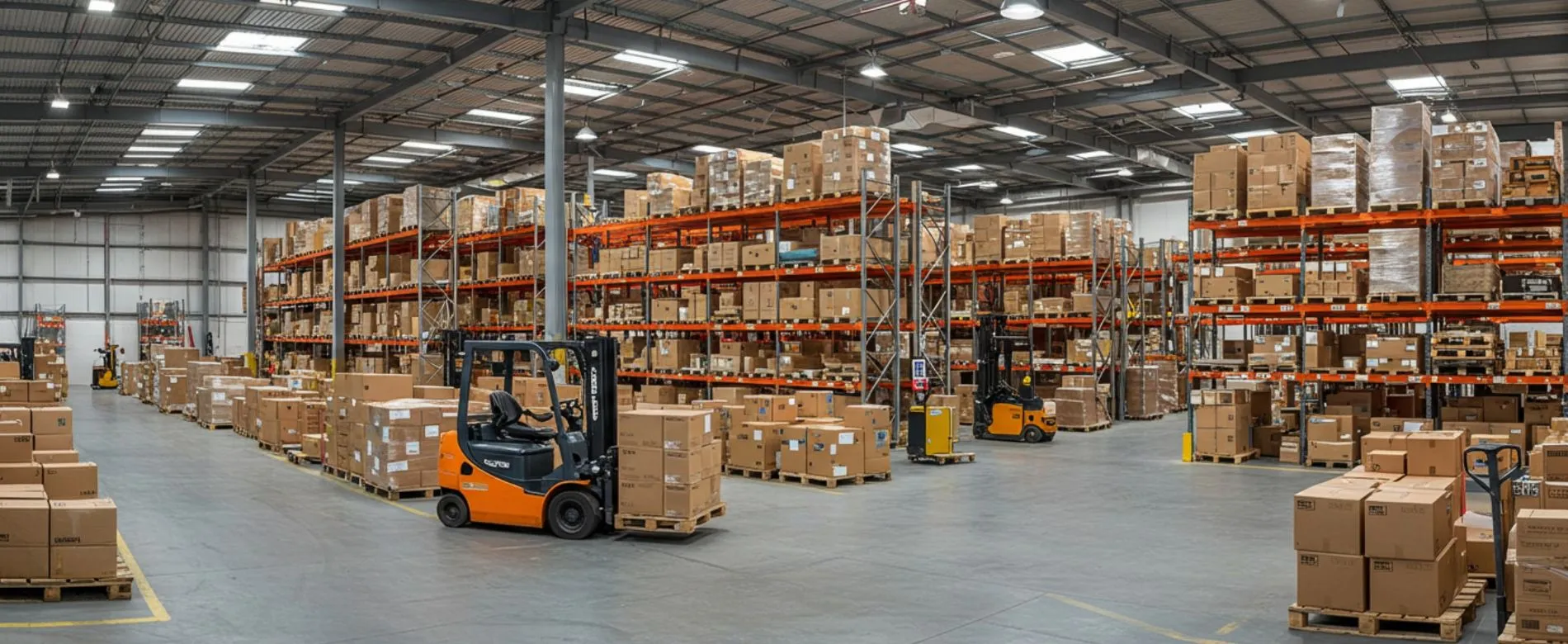 forklift in a warehouse full of items