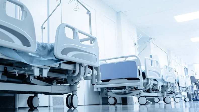Hospital beds in a corridor