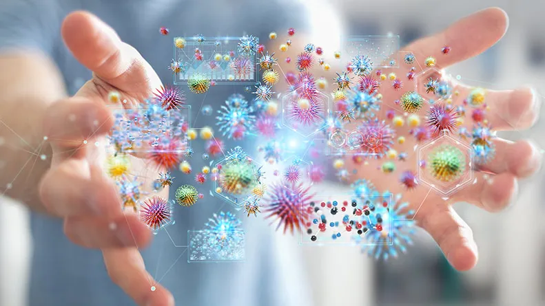 Image showing two hands 3D animated bacteria symbolising infection control