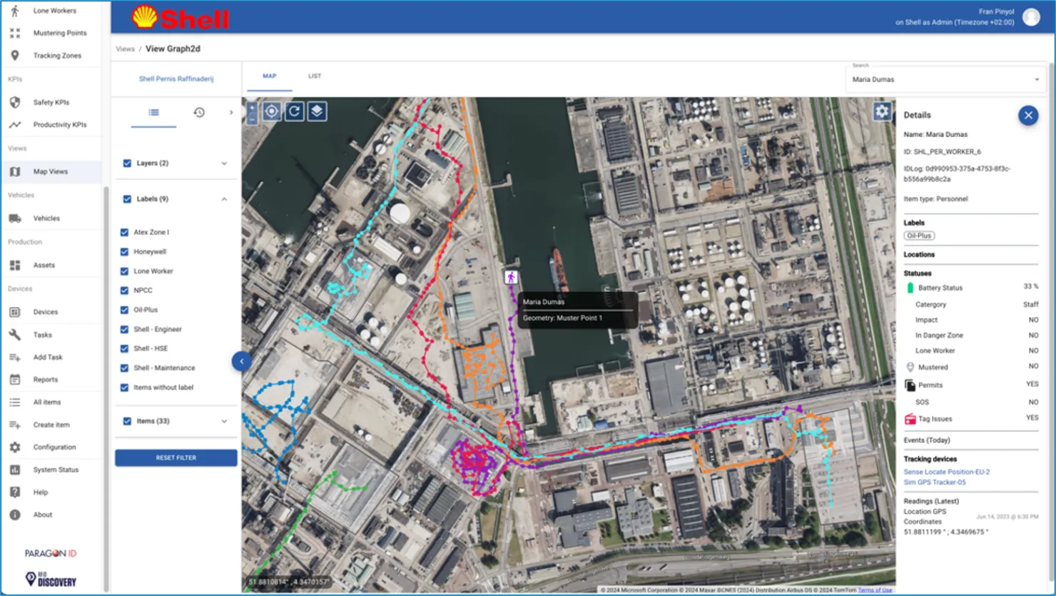 Map showing real-time muster point headcount