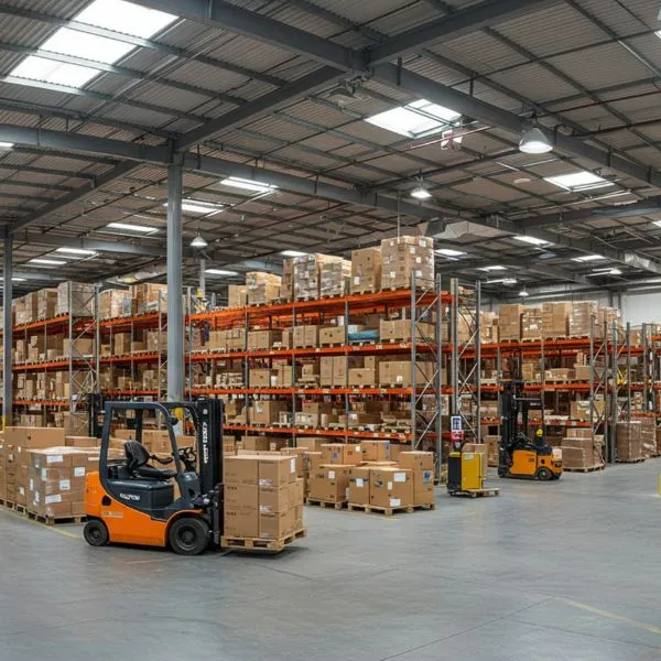 forklift in a warehouse full of items