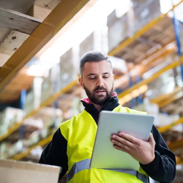 worker using device in a warehouse