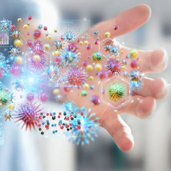 hands with 3D animated bacteria symbolising infection control